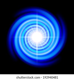 Blue space spiral with bright flare in centre over black