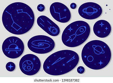 Pegatina del espacio azul con cohete, planeta, estrellas, galaxia, OVNI y constelación. Icono de viaje espacial