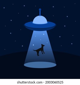 Blue space UFO abducting a dog. Night landscape with UFO and dog. Vector isolated illustration in cartoon style.