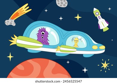 Nave espacial azul con dos monstruos espaciales en el espacio. Ilustración infantil del espacio. Caricatura, Vector. Ilustración vectorial aislada eps 10