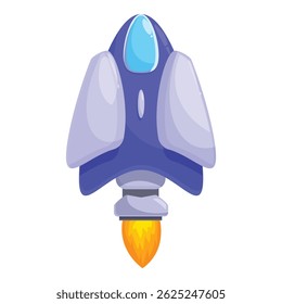Blue spaceship flying with fire behind on white background