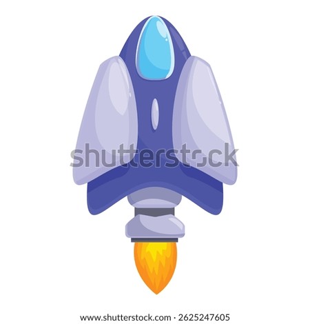 Blue spaceship flying with fire behind on white background