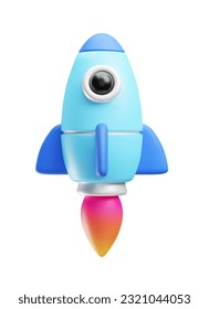 Blue spaceship rocket flying with flame is ejected from nozzles, 3d rendering. Toy rocket launch. Successful startup, financial growth, business product launch, space concept vector illustration