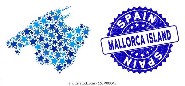 Blue Spain Mallorca Island map composition of stars, and textured rounded seal. Abstract territorial scheme in blue color hues. Vector Spain Mallorca Island map is designed from blue stars.