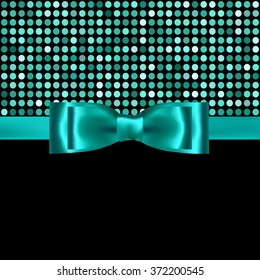 Blue sparcle mosaic background with silk bow and ribbon