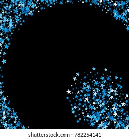 Blue Sparkle Background. Bright Blue Stars on a Black Background. Modern Fashionable Background. Blue Sparkle Background for Wrapping paper, Postcards, Banners, Prints.