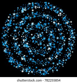 Blue Sparkle Background. Bright Blue Stars on a Black Background. Modern Fashionable Background. Blue Sparkle Background for Wrapping paper, Postcards, Banners, Prints.