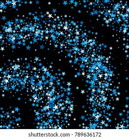 Blue Sparkle Background. Bright Blue Stars on a Black Background. Modern Fashionable Background. Blue Sparkle Background for Wrapping paper, Postcards, Banners, Prints.