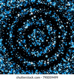 Blue Sparkle Background. Bright Blue Stars on a Black Background. Modern Fashionable Background. Blue Sparkle Background for Wrapping paper, Postcards, Banners, Prints.
