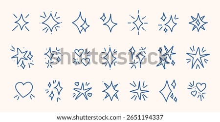 Blue sparkle doodle icon set hand drawn hand drawn stars hearts shiny bursts children sketch symbols on white background for planners scrapbooking cute kids decoration digital fun design element pack