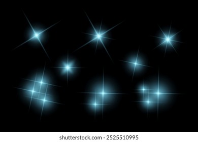 Blaue funkelnde Lichter, blinkende Lichter, Lichteffekte, Sonnenlichtlinsen, leuchtende Strahlen, funkelndes Sternsymbol auf schwarzem Hintergrund.