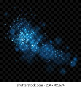 Blue sparkle texture isolated on dark transparent background. Magical lights effect, glowing particle dust. 