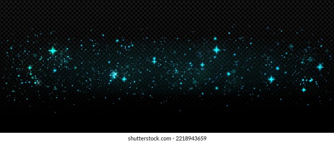 Blue sparkles, glitter, stardust or twinkle with bokeh effect. Magic star blinks on black blurred background. Shiny glittering glow, festive design, night sky or space Realistic 3d vector illustration