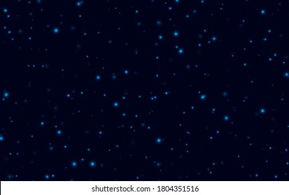 Blue sparkles on a dark blue background, fireflies flying in the night. Abstract lightning bugs in the evening sky. Glowing stardust light effect. Vector backdrop.