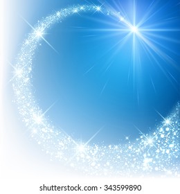 Blue sparkling card with petard. Vector illustration.