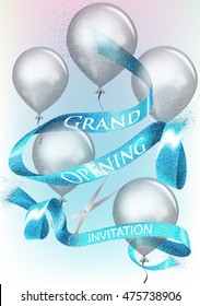 Blue sparkling cut twisted ribbon, scissors and air balloons. Grand Opening composition. Vector illustration