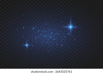 Blue sparkling glitter dust and shining stars. On a transparent background