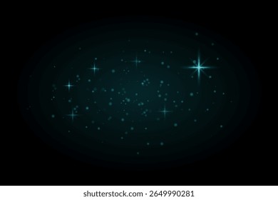 Partículas cintilantes azuis com erupções de estrelas brilhantes em fundo escuro. Efeito de luz fria com sonho fantasia sentir.