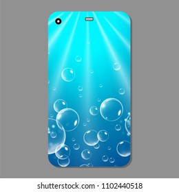 Blue sparkling phone case. Blue template cover smartphone with bubbles. Vector illustration