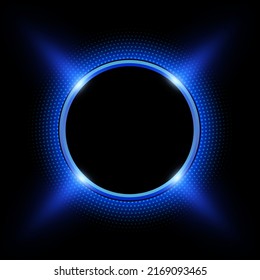 Anillo brillante azul con brillo sobre fondo negro. Botón brillante vectorial con semitono azul, patrón de puntos alrededor, ilustración vectorial.