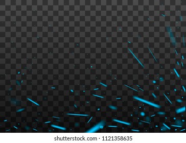 Blue sparks flying up, glowing particles. Isolated on a black transparent background. Vector illustration, eps 10.