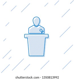 Blue Speaker line icon isolated on white background. Orator speaking from tribune. Public speech. Person on podium. Vector Illustration