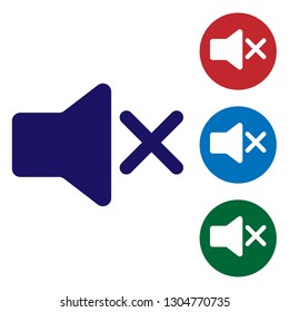 Blue Speaker mute icon isolated on white background. No sound icon. Volume Off symbol. Vector Illustration