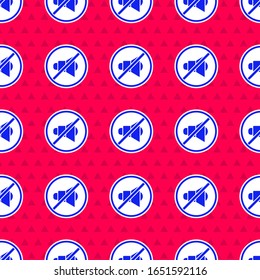 Blue Speaker mute icon isolated seamless pattern on red background. No sound icon. Volume Off symbol.  Vector Illustration