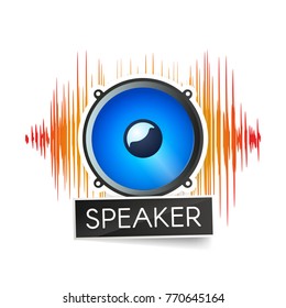 Blue speaker and orange waveforms on white background logo. Logotype of radio stations or apps vector illustration