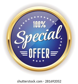 Blue special offer badge with gold border on white background