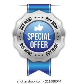 Blue special offer badge with metallic border and ribbon on white background