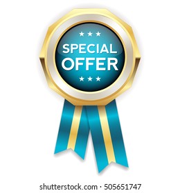 Blue special offer rosette, badge with gold border on white background
