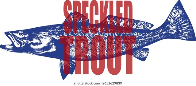 Ilustração de truta salpicada azul com texto de TRUTA VERMELHA. Ideal para projetos de pesca, marinha, frutos do mar. Perfeito para vestuário, logotipos, digital.