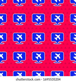 Blue Speech bubble with airplane travel icon isolated seamless pattern on red background. Plane flight transport sign. Holidays symbol.  Vector Illustration
