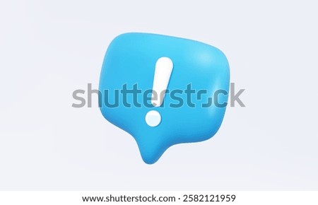 Blue speech bubble attention message icon with white exclamation mark caution warning sign risk alert information important emergency error problem safety concept. 3d vector .illustration element