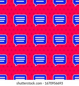Blue Speech bubble chat icon isolated seamless pattern on red background. Message icon. Communication or comment chat symbol.  Vector Illustration