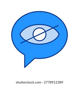 A blue speech bubble contains an eye symbol crossed by a diagonal line on a light gray background. The image combines visual elements of communication and restricted visibility.