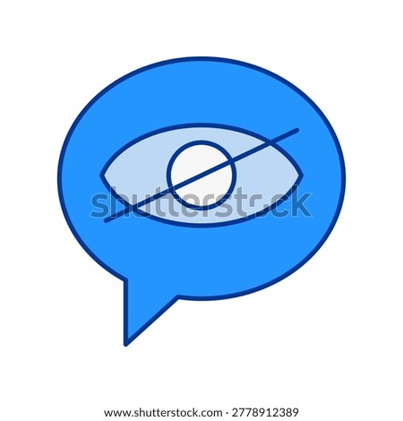 A blue speech bubble contains an eye symbol crossed by a diagonal line on a light gray background. The image combines visual elements of communication and restricted visibility.