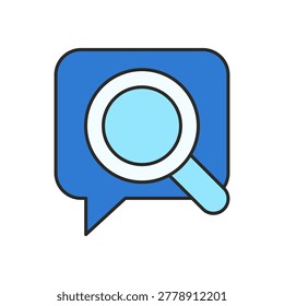 A blue speech bubble contains a large magnifying glass with a light blue lens and handle. The simple symbol combines messaging and search in a clean centered composition.