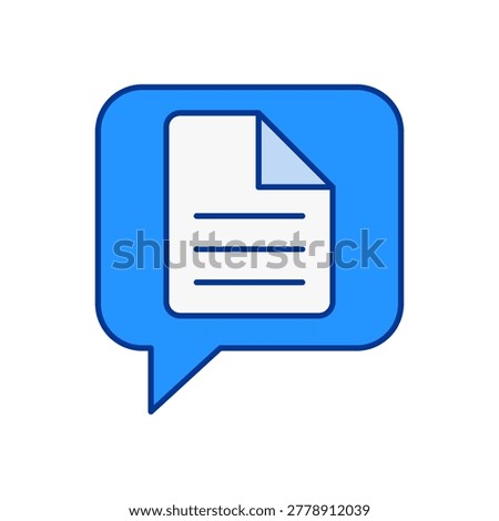 A blue speech bubble contains a white document page with a folded corner and horizontal text lines. The simple composition is centered on a light background.