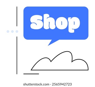 Blue speech bubble contains the word Shop above a simple black outline of a cloud. Ideal for online shopping, ecommerce, digital stores, retail marketing, advertising. Modern minimalist style