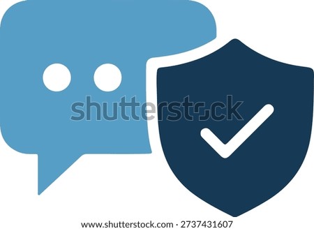 A blue speech bubble and dark blue shield icon with white checkmark on the right, isolated on white background, simple and modern design