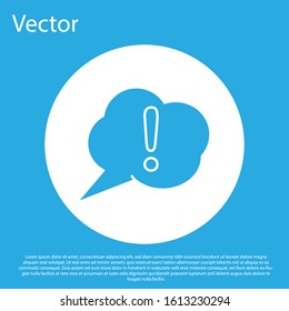 Blue Speech bubble and Exclamation icon isolated on blue background. FAQ sign. Copy files, chat speech bubble and chart. White circle button. Vector Illustration