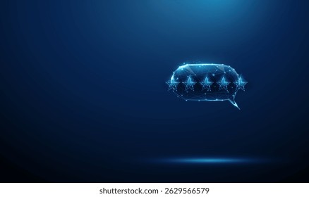 Blue speech bubble with five rating stars. AI-driven customer feedback, smart review systems  concept. Low poly style. Geometric background. Wireframe chat icon with quality rating elements. Vector.
