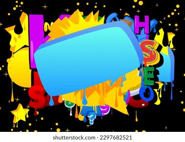 Blue Speech Bubble Graffiti with abstract colorful Background. Urban painting style backdrop. Discussion symbol in modern dirty street art decoration.