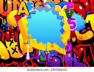 Blue Speech Bubble Graffiti with abstract colorful Background. Urban painting style backdrop. Discussion symbol in modern dirty street art decoration.
