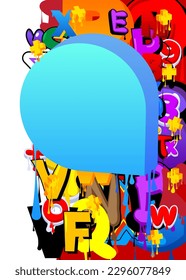 Blue Speech Bubble Graffiti with colorful Background. Urban painting style backdrop. Abstract discussion symbol in modern dirty street art decoration.
