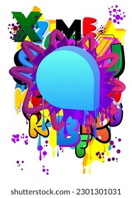 Blue Speech Bubble Graffiti with purple elements on abstract Background. Urban painting style backdrop. Busy discussion symbol in modern dirty street art decoration.