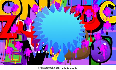 Blue Speech Bubble Graffiti with purple elements on abstract Background. Urban painting style backdrop. Busy discussion symbol in modern dirty street art decoration.