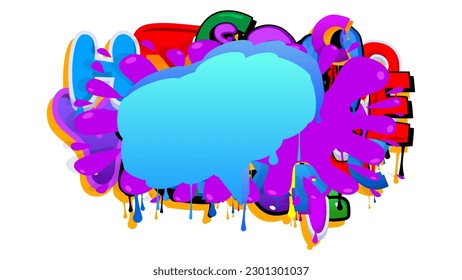 Blue Speech Bubble Graffiti with purple elements on abstract Background. Urban painting style backdrop. Busy discussion symbol in modern dirty street art decoration.